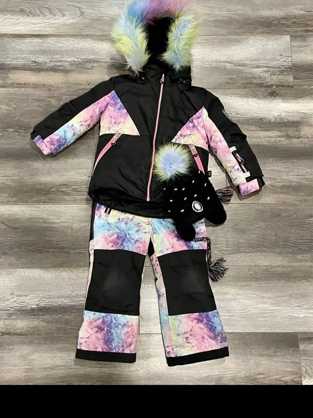 deux par deux Black Snow Suit with Pastel Rainbow Tie-Dye and Faux Fur Hood